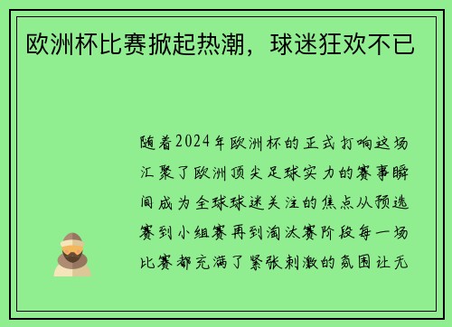 欧洲杯比赛掀起热潮，球迷狂欢不已