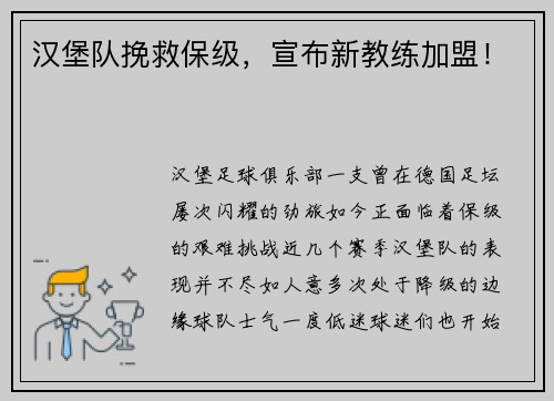汉堡队挽救保级，宣布新教练加盟！