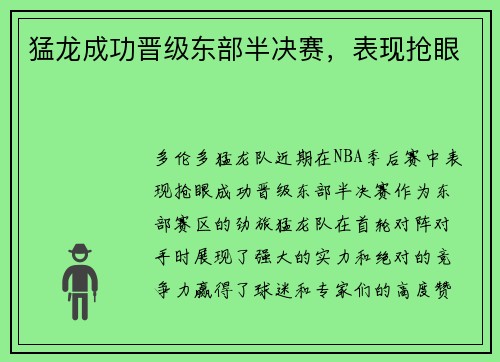 猛龙成功晋级东部半决赛，表现抢眼