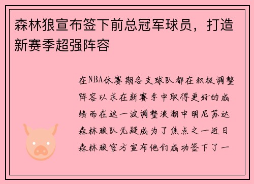 森林狼宣布签下前总冠军球员，打造新赛季超强阵容