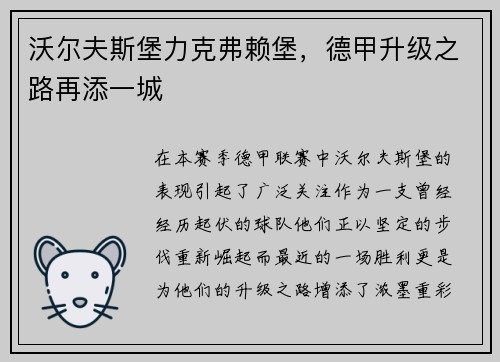 沃尔夫斯堡力克弗赖堡，德甲升级之路再添一城